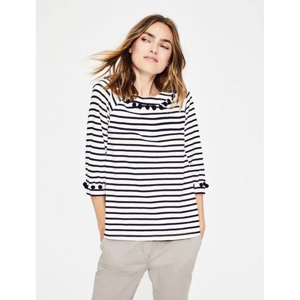 Boden Womens Nautical Striped Yacht Club Pom Pom Trim Cotton Top Black White 6
